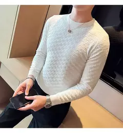 Outono inverno estiramento jacquard tecido o-pescoço camisola waffle masculina ajuste fino manga longa pullovers de malha casual streetwear homme