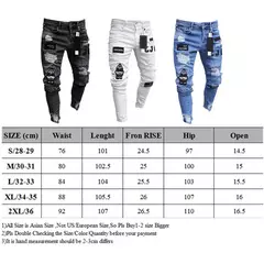 Calças jeans skinny rasgadas elásticas masculinas, bordado branco, algodão, hip hop, buraco negro, slim fit, calças jeans grandes, alta qualidade