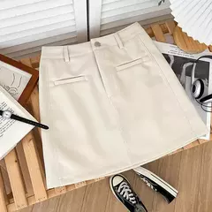 Saia Bodycon de couro PU feminina, botões vintage, bolso com zíper, versátil, cintura alta, fina, curta, sólida, linha A, verão, novo