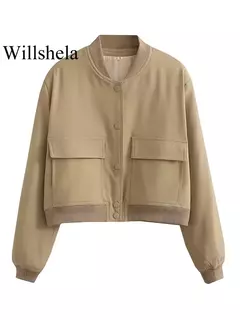Imagem do Willshela-Jaquetas bomber monocromáticas femininas, casaco com bolsos, decote em v, peito único, mangas compridas, roupas chiques para senhora, moda feminina