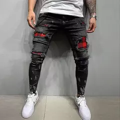 Calça jeans rasgada e skinny masculina, calça lápis jeans casual, stretch slim fit, remendos de endotécio, buraco de grade, nova moda - loja online
