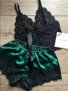 Conjunto pijama de seda para mulheres, tops e shorts, lingerie sexy, pijamas de renda, pijamas casuais, 2 peças na internet