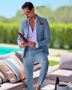 Terno de linho de peito único masculino, casaco casual, desgaste formal do trabalho, jaqueta, calças, slim fit, negócios, casamento, noivo, verão, 2 peças - Wolf Magazine