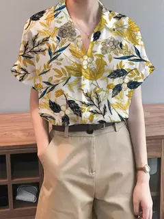 Camisa feminina colorida em 3D com estampa floral, tops de manga curta, botão, gola elegante, primavera e outono, 2024 - loja online