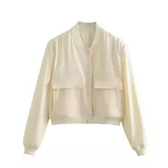 Willshela-Jaquetas bomber monocromáticas femininas, casaco com bolsos, decote em v, peito único, mangas compridas, roupas chiques para senhora, moda feminina - Wolf Magazine
