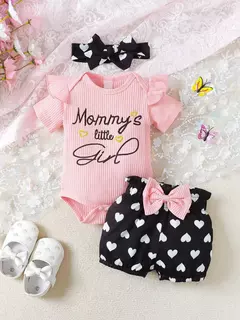 Macacão bonito em torno do pescoço das meninas do bebê, Slogan Bordado, Coração Imprimir Shorts, Headband, Casual, Primavera, Outono, 2Pcs Set