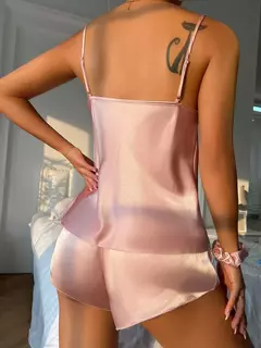 Conjunto de pijama de cetim monocromático feminino, gola V, cami top, cós elástico, shorts, roupa de dormir na internet