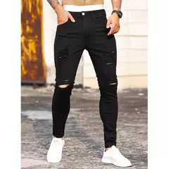 Imagem do Moda masculina rua rasgado jeans preto puro estiramento apertado pequeno pé lápis calças namorado clube roupas denim ropa hombre