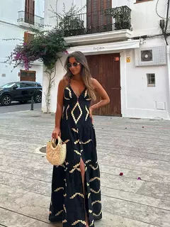 Vestido dividido sem costas sem mangas estampado feminino, sexy com decote em v, vestidos de cintura alta, férias na praia, verão, 2024 - Wolf Magazine