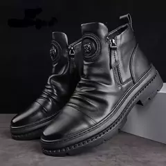 Botas de couro de motocicleta masculinas, sapato alto de cabeça redonda, fecho lateral, sapato casual de plataforma, estilo britânico