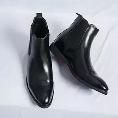 Men's Red Sole PU Ankle Chelsea Boots, Business Round Toe Slip-On Shoes