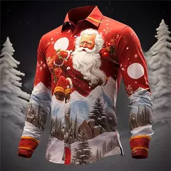 Camisa Masculina Manga Longa de Natal, Estampada em 3D, Papai Noel, Festival, Festa, Roupa Casual, Venda Quente