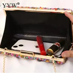 Imagem do Bolsa acrílica com fecho interligado para menina, bolsa do casamento, pedra multicolorida, corrente de metal, crossbody, ombro, noite, difícil