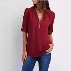 Imagem do Blusa feminina profunda com gola V, tops femininos, pulôver sexy com zíper, moda casual, camisa solta legal, plus size, venda quente, 2024