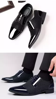 Imagem do Tendência clássico masculino vestido sapatos para homens oxfords sapatos de couro patente rendas até formal couro preto festa de casamento shoes2023