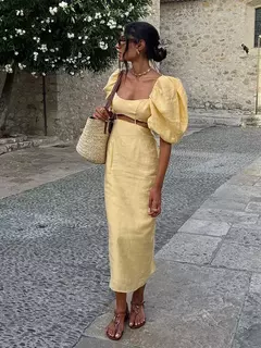 Vestido midi elegante e recortado para mulheres, gola quadrada, manga folhada, vestido de fenda para senhora, elegante moda de festa, amarelo, verão, 2024 - Wolf Magazine