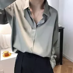 Camisas e blusas femininas com acabamento acetinado, blusa casual, manga comprida, botão, camisas elegantes, roupa francesa, monocromáticas, todos os fósforos, OL - loja online