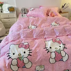 Olá Kitty Queen Size Conjunto de cama, colcha, folha plana e fronhas, Pink Princess Dorm Suit, desenhos animados bonitos, 4 pcs por conjunto - comprar online