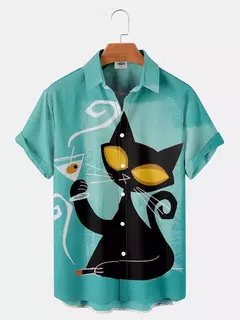 Imagem do Camisa havaiana dos desenhos animados de anime masculino, Tops de manga curta, roupas casuais masculinas, rua, animais, gatos, retrô, 3D Tees, verão