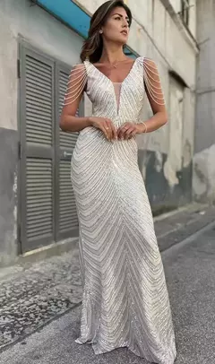 YIDINGZS-Vestido Maxi Decote V feminino, Lantejoula prateada, Beading, Festa noturna, Sexy - loja online