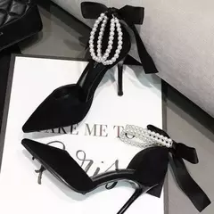 Bombas femininas com cordão e pérolas, salto alto nupcial, dedo apontado, sapatos de dança de festa, preto, design de marca, sexy, novo, verão, 2024 - Wolf Magazine
