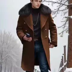 Imagem do Casaco Casual de Lã dos homens europeus e americanos, outono e inverno, sobretudo de gola de pele trespassado dos homens jovens, S-5XL