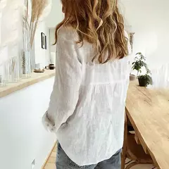 Elegantes camisas de linho de algodão mulheres casuais sólido botão blusas de lapela camisas primavera verão manga longa solta tops túnica blusas - comprar online