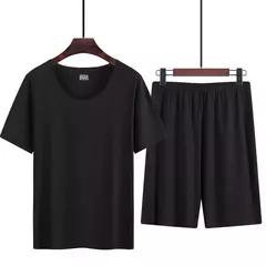 Imagem do Verão pijamas masculinos terno fino gelo casa roupas traceless manga curta shorts em torno do pescoço casual roupas de verão