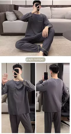 Pijama masculino de malha de algodão, simples Homewear lazer, gola redonda, loungewear sólido, tamanho grande, pulôver esportivo, novo - Wolf Magazine
