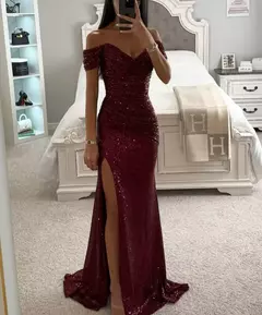 Vestido Dividido de Pescoço Uma Linha Feminino, Lantejoulas, Dividido, Versátil, Elegante, Charme, Emagrecedor, Festa, INS, Emagrecimento, S-XL Size, Novo - Wolf Magazine
