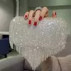 Embreagem de borla de diamantes brilhantes para mulheres, bolsa caixa de metal, bolsa de festa noturna, alça redonda, moda