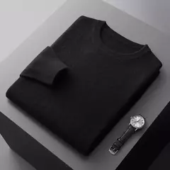 Pulôver masculino de malha com mangas compridas, suéter 100% lã merino, top casual básico de cor sólida, moda