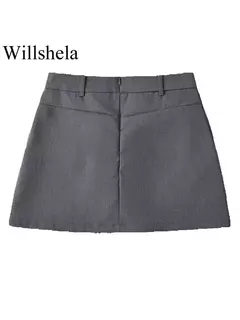 Willshela-Mini saia feminina monocromática com zíper traseiro A-Line, cintura alta, saias chiques femininas, moda vintage - Wolf Magazine