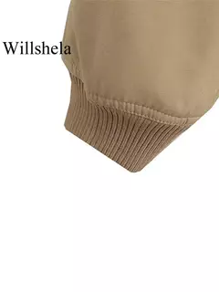 Willshela-Jaquetas bomber monocromáticas femininas, casaco com bolsos, decote em v, peito único, mangas compridas, roupas chiques para senhora, moda feminina