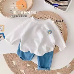 Imagem do Camiseta infantil de manga comprida, algodão puro, camisa base, desenho animado estampado, primavera e outono, bebê, meninos e meninas