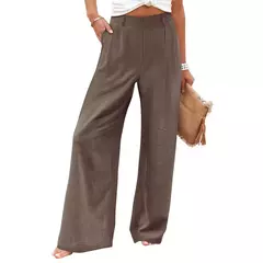 Calça larga de linho de algodão feminina, comprimento total, casual, monocromática, solta, cintura alta, reto, botão, verão - Wolf Magazine