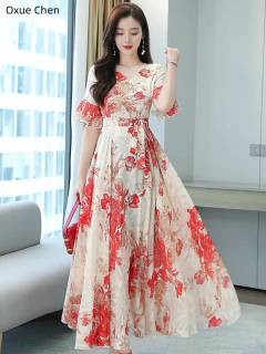 Vestido longo com cintura feminina, elegante vestido emagrecedor, manga curta, na moda - loja online