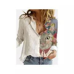 Camisa de manga comprida estampada de gato animal feminino, blusa solta, Tops, Fashion, 8936, 2024 na internet