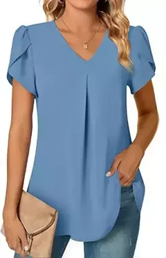 Blusa sexy com plissado e v pescoço para as mulheres, camisa de manga curta, cor sólida, solto, roupas de trabalho, verão, sze-st23015