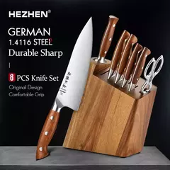 HEZHEN-Aço e Madeira Red Handle Kitchen Knife Set, Tesoura Titular, Nitidez Rod, Acessórios, 1.4116 Aço, 8 PCs