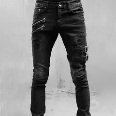 Calças jeans skinny rasgadas elásticas masculinas, bordado branco, algodão, hip hop, buraco negro, slim fit, calças jeans grandes, alta qualidade na internet