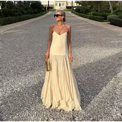 Imagem do Mulheres malha plissada bainha patchwork vestido maxi, decote em v, sem costas, sem mangas, roupinhas, sexy, praia, rua alta, moda, 2024