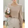 Blusa feminina de manga folhada com gola quadrada, camisas simples para senhoras, tops soltos casuais e elegantes, moda, outono e primavera, 2024