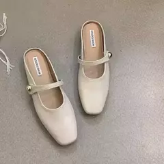 Imagem do Chinelos de couro macio com alça de fivela prateada, sapatilhas casuais, sapato de mulas brilhantes, dedo do pé, metálico, elegante, moda, 2024