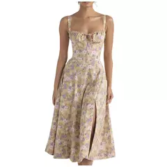 Vestido de verão estampado floral, Laço frontal feminino, Gola quadrada, Vestido de coxa dividido, Cinta de praia, Vestido de noite, Novo