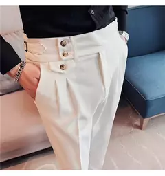 Calça de cintura alta estilo britânico masculina, justa, calça formal de escritório, social, festa de casamento, fato de vestido, calça, casual - Wolf Magazine