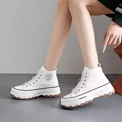 Tênis casual de cano alto para mulheres, com cordões, lona de altura da plataforma, antiderrapante, resistente ao desgaste, sapatos femininos vulcanizados, primavera, 2024 - Wolf Magazine