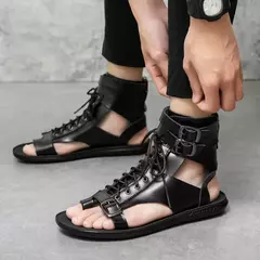 Sapatos masculinos com renda e fivela de couro casuais, sandálias de praia respiráveis, gladiadores de verão, preto, branco, plus size, novo - loja online