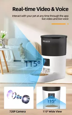 Rojoeco alimentador automático para gatos, com câmera de vídeo, dispensador de comida para gatos, gravador de voz inteligente para animais de estimação, controle remoto, alimentador automático para cães e gatos - loja online