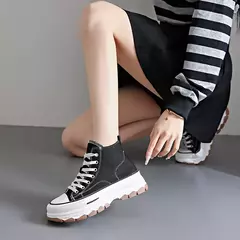Tênis casual de cano alto para mulheres, com cordões, lona de altura da plataforma, antiderrapante, resistente ao desgaste, sapatos femininos vulcanizados, primavera, 2024 - loja online
